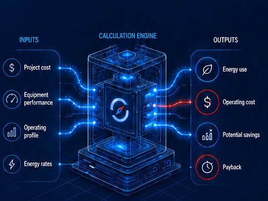 Project inputs passing through a calculation engine to produce energy use, operating cost, potential savings, and payback outputs